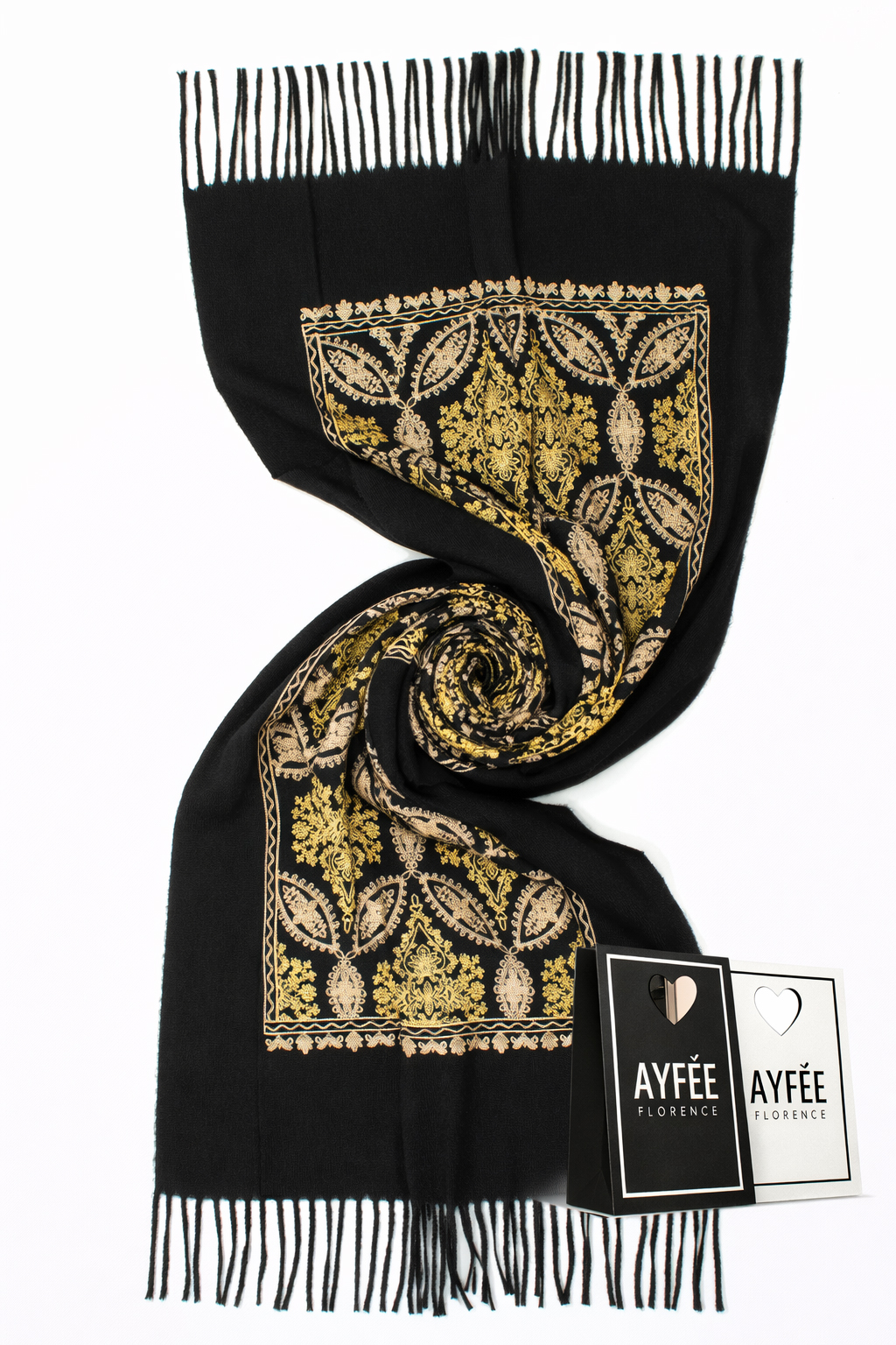 STOLA GREOMETRIC EMBOIDERY + LUREX, CM 75*180, 100% VISCOSE MADE IN PRC  - BLACK